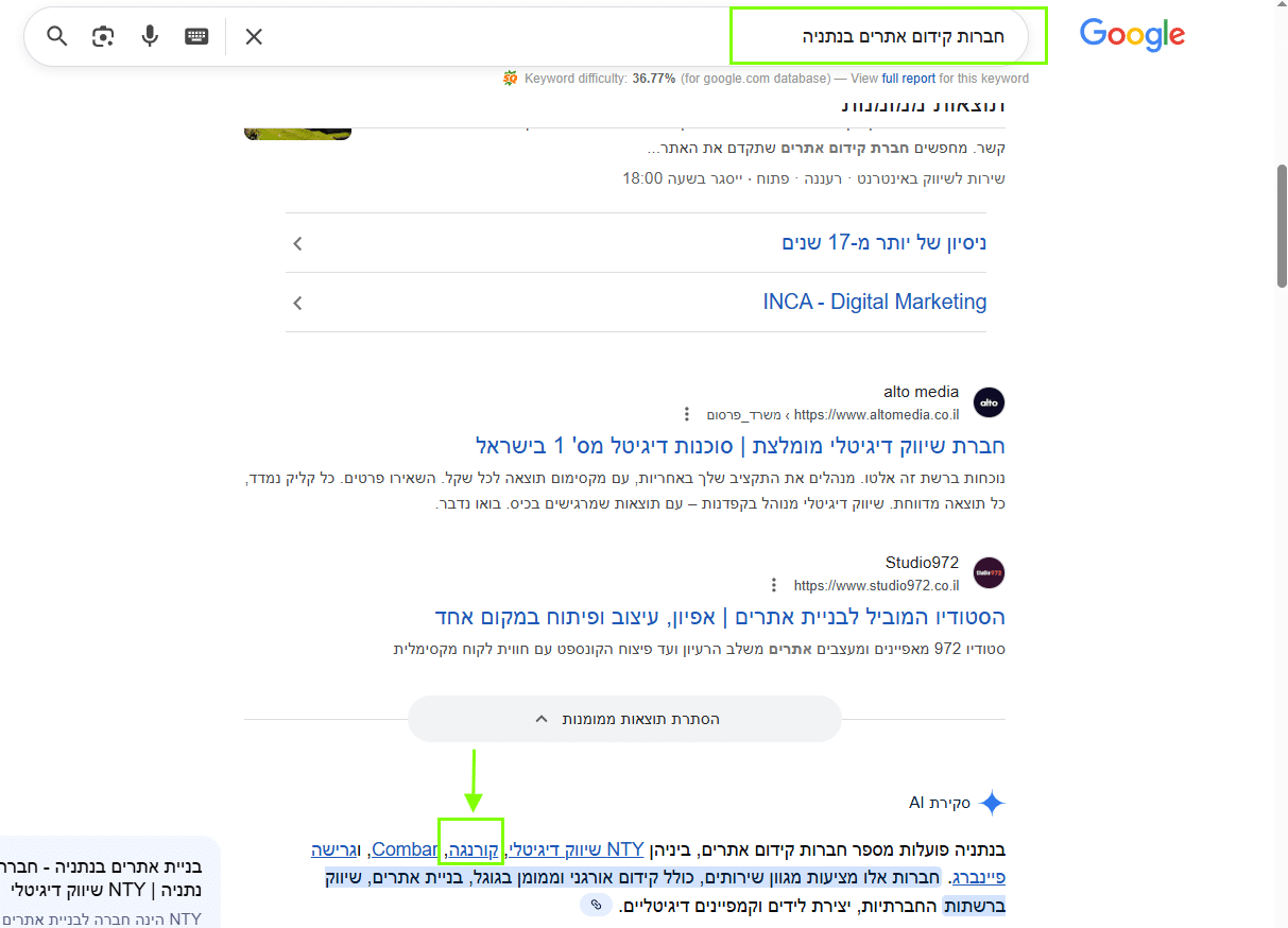 AI overview צילום מסך של תוצאת קורנגה